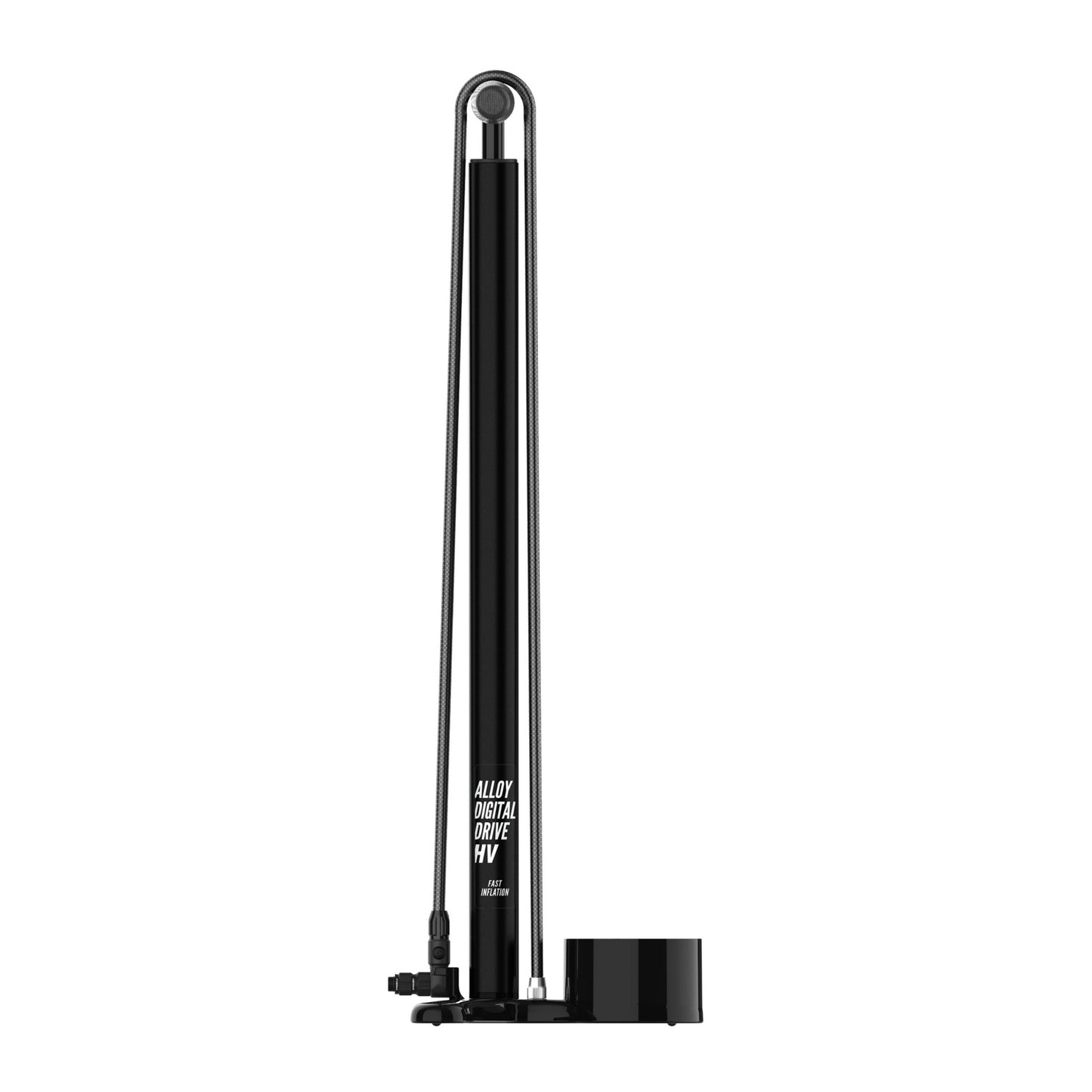 Lezyne fotpump i svart metall med manometer och slangfäste