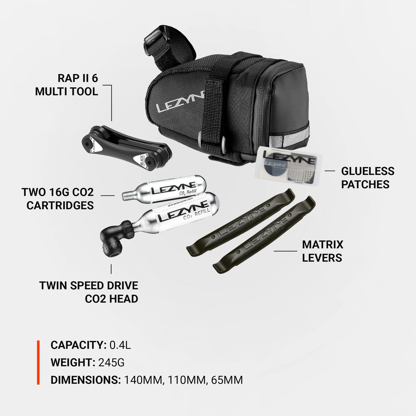 Lezyne M-Caddy CO2-kit med sadelväska, CO2-patroner, multi tool, levers och lappar