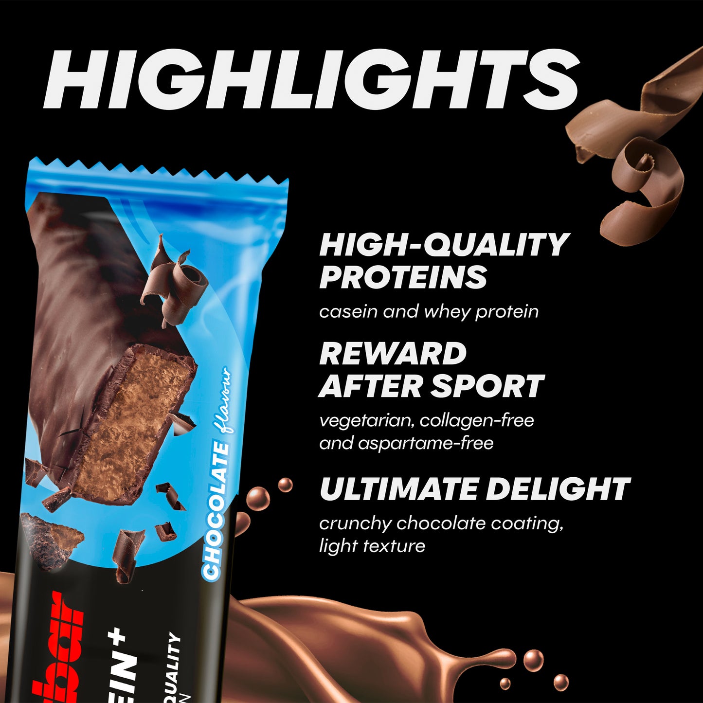 Powerbar chokladproteinbar i blått omslag med brunt innehåll och näringsinfo.