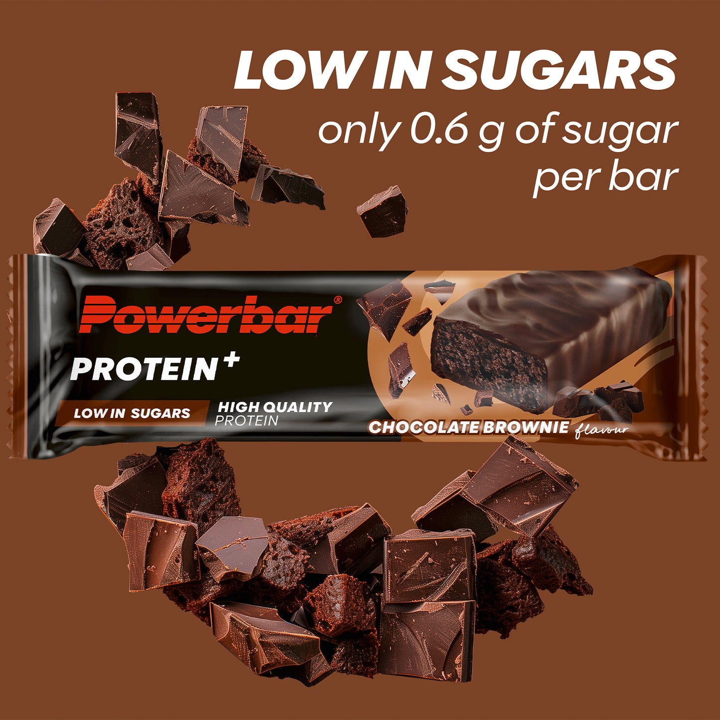 Powerbar Protein+ proteinbar i brunt omslag med chokladbitar