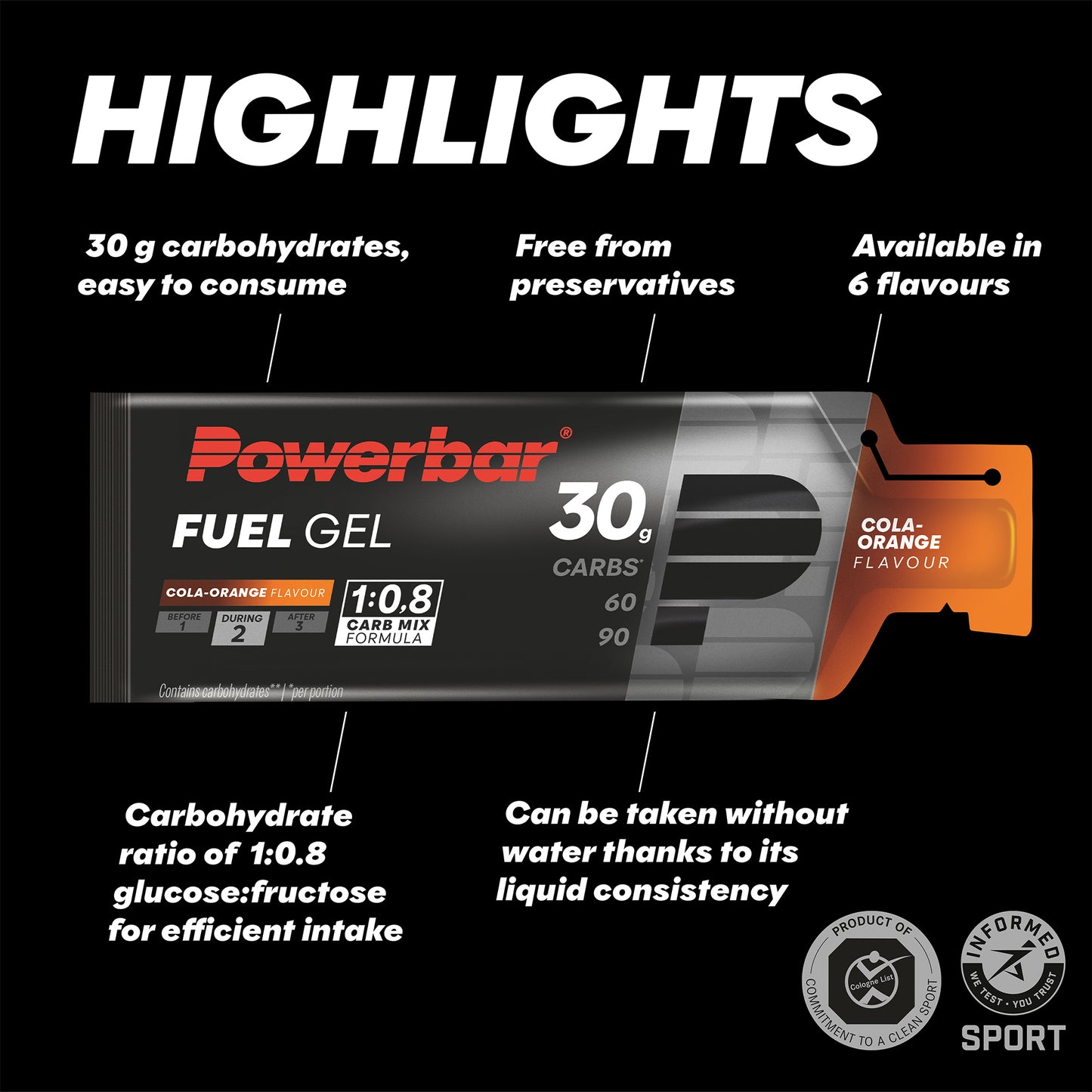 Powerbar Fuel Gel 30 sportgelpaket med info, Cola-Orange-smak, 30 g.