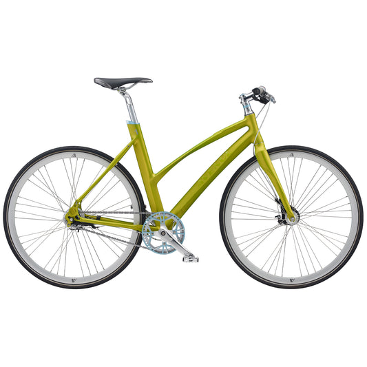 Limegrön cykel med skärmar, sadel och kedjedrev