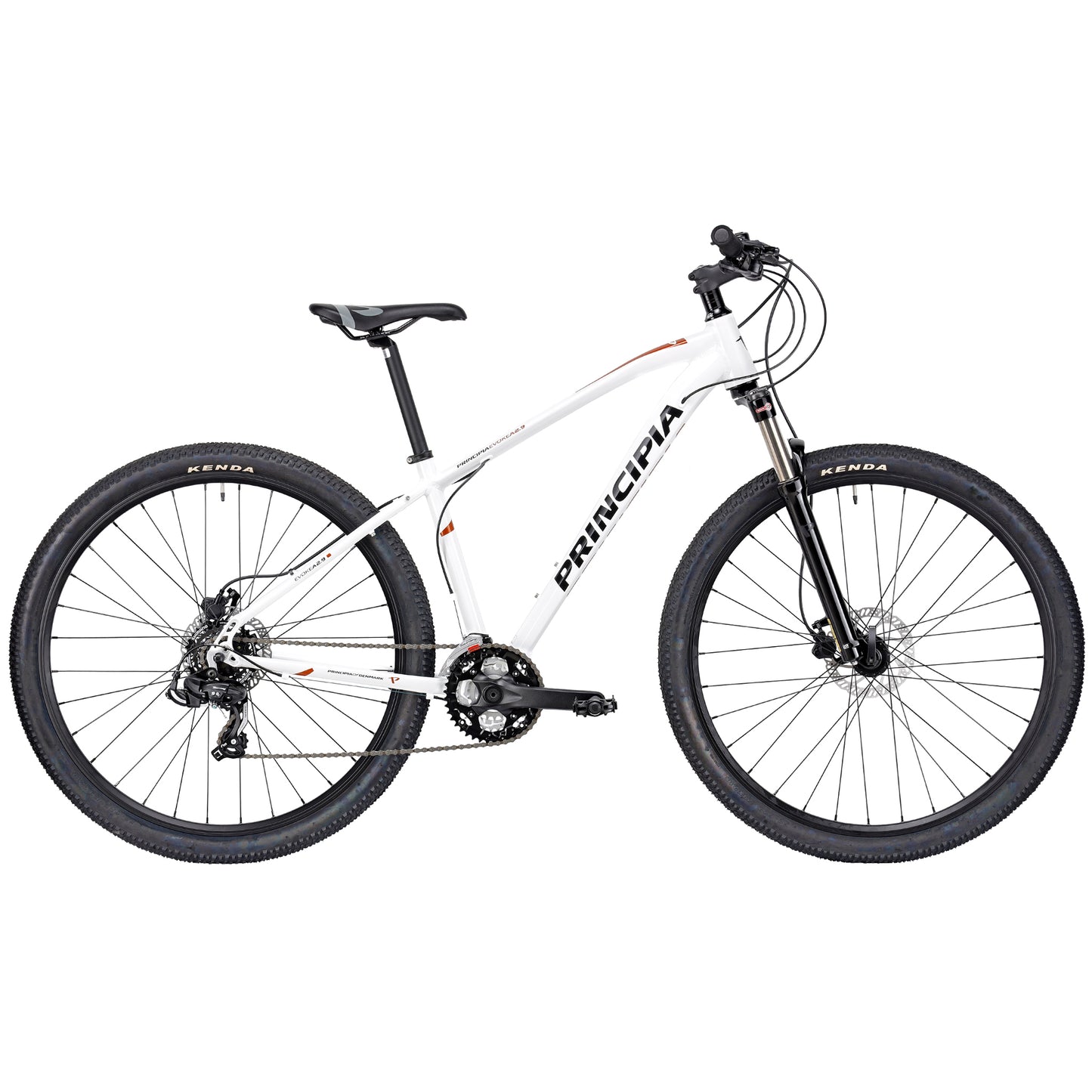 Vit cykel med svart gaffel, framdrev och kedja
