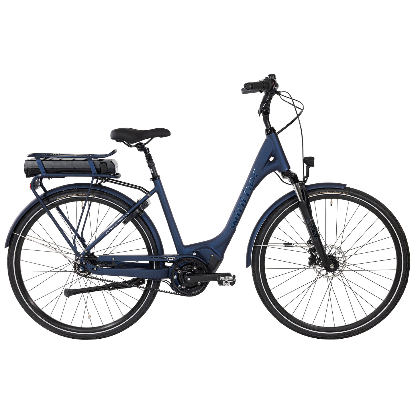 Winther Superbe 3 LTD elcykel i matt blå, sidovy med pakethållare.
