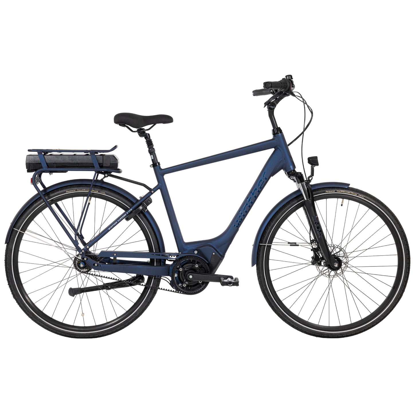 Blå damcykel med pakethållare och skärmar