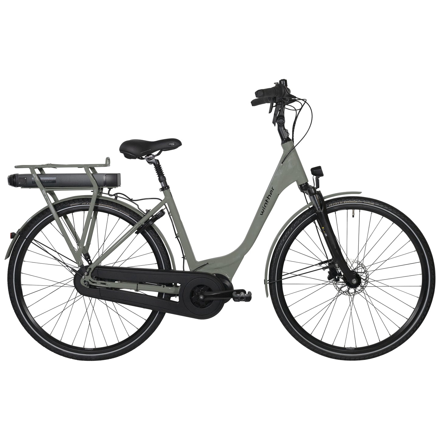 Elcykel Winther Superbe 2 LTD med cementgrå ram, pakethållare och framlykta.