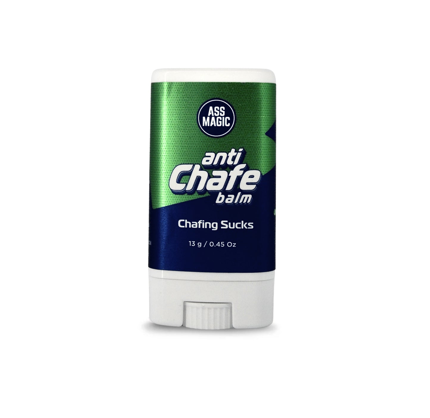 Anti-chafing balsamstick i vitt rör med grön/blå etikett, 13 g