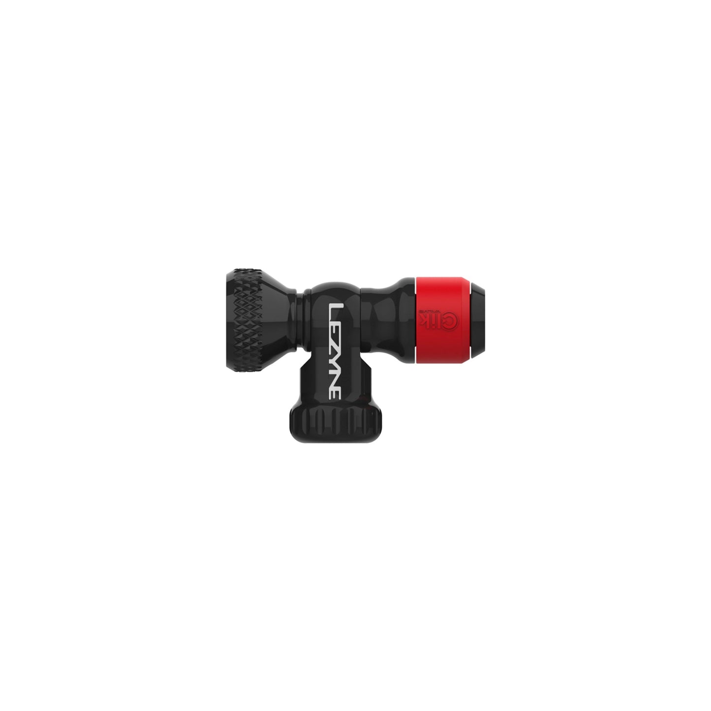 Lezyne Clik™ CO2-pump med 20 g patron, vinklad vy, röd och svart