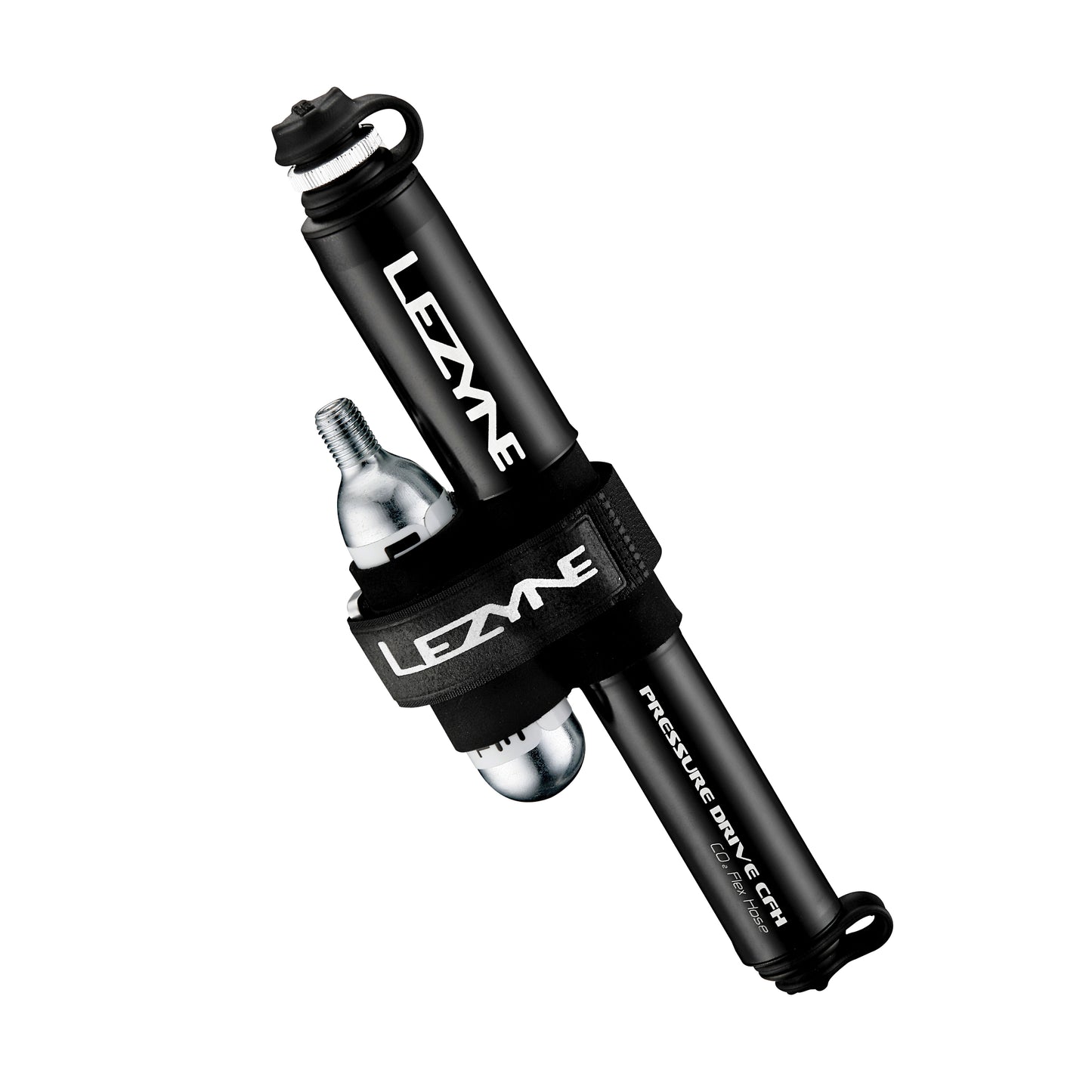 Lezyne handpump med CO2-adapter, svart hölje och metallkoppling.