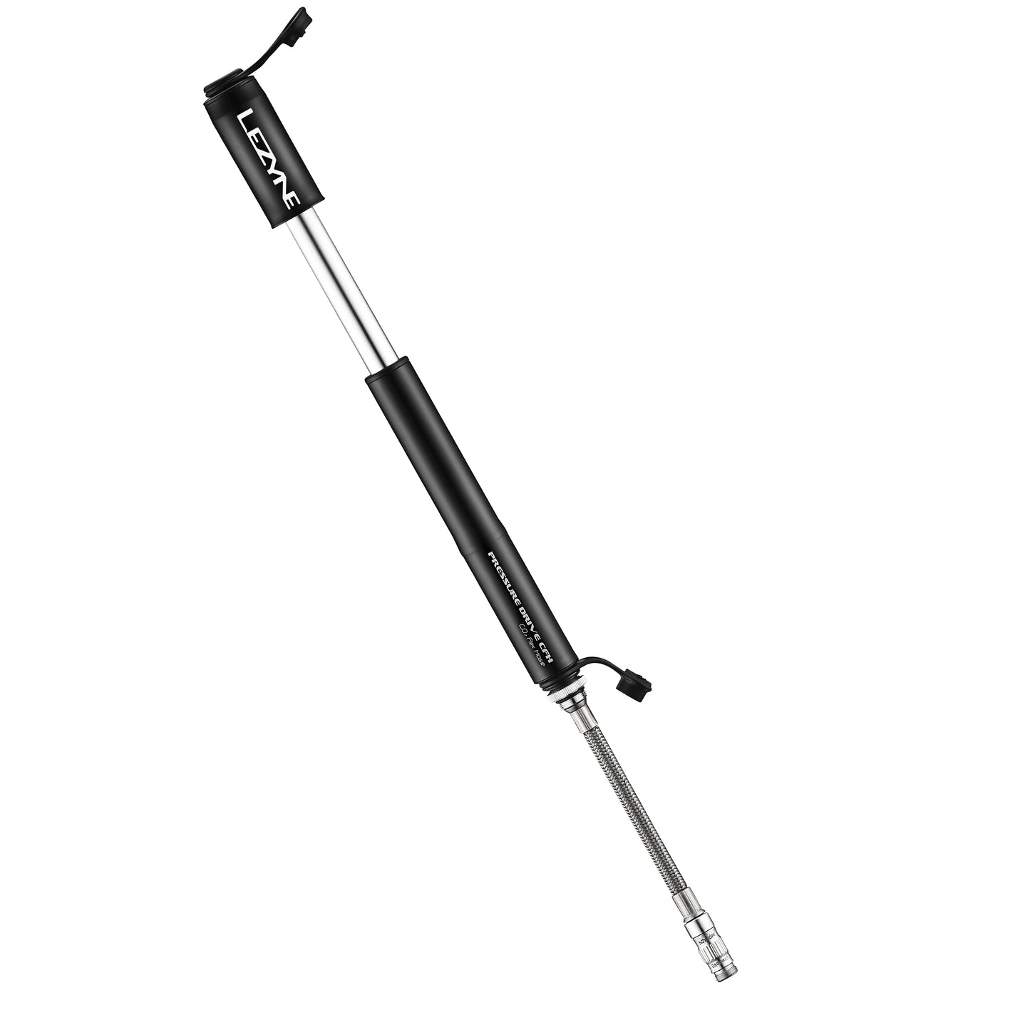 Lezyne handpump/CO2-pump med utdragen metallstomme och svart cylinder.