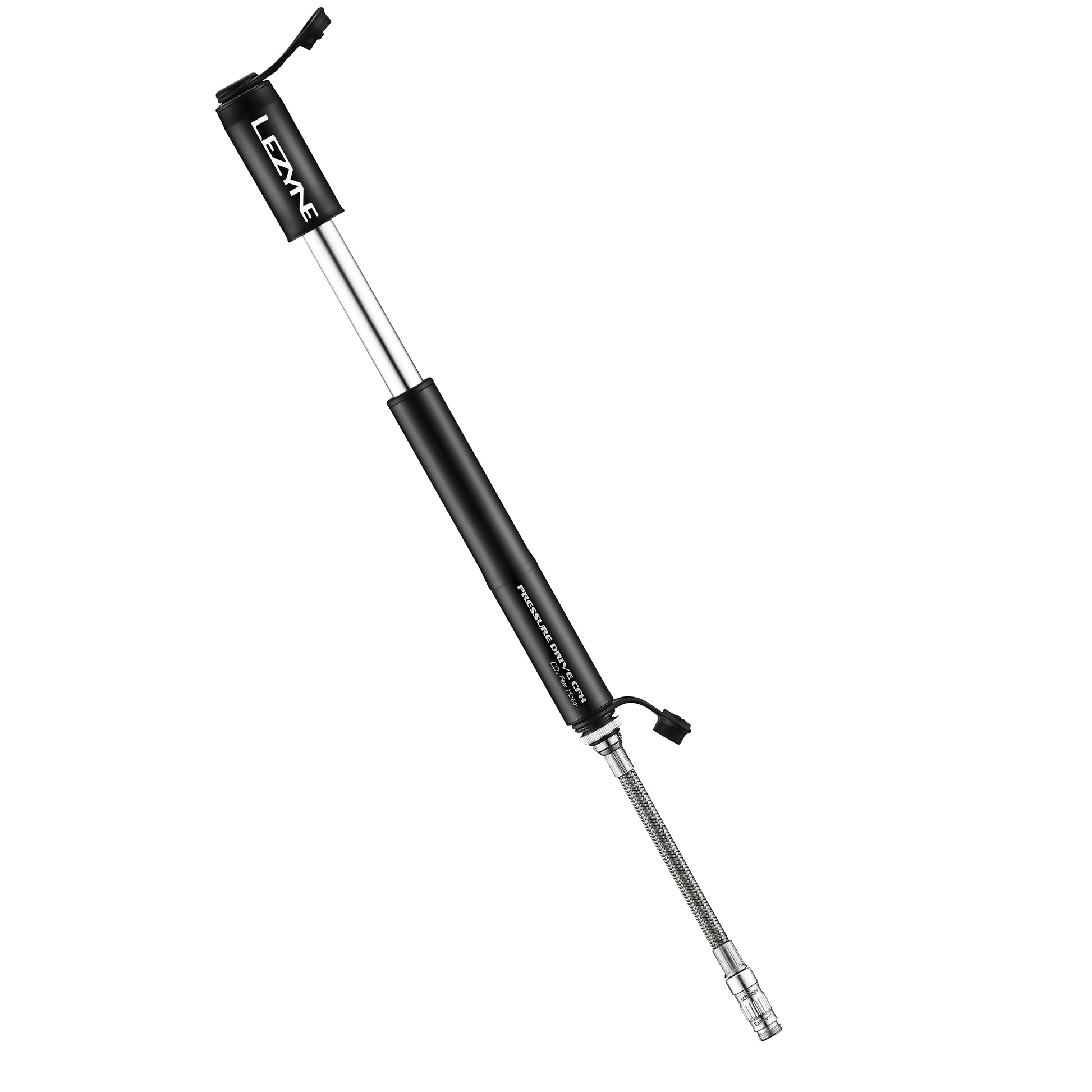 Lezyne handpump/CO2-pump med utdragen metallstomme och svart cylinder.
