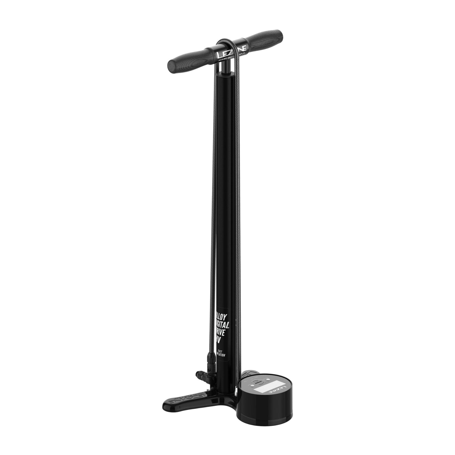 Lezyne fotpump i svart med handtag och rund digitalmätare vid basen