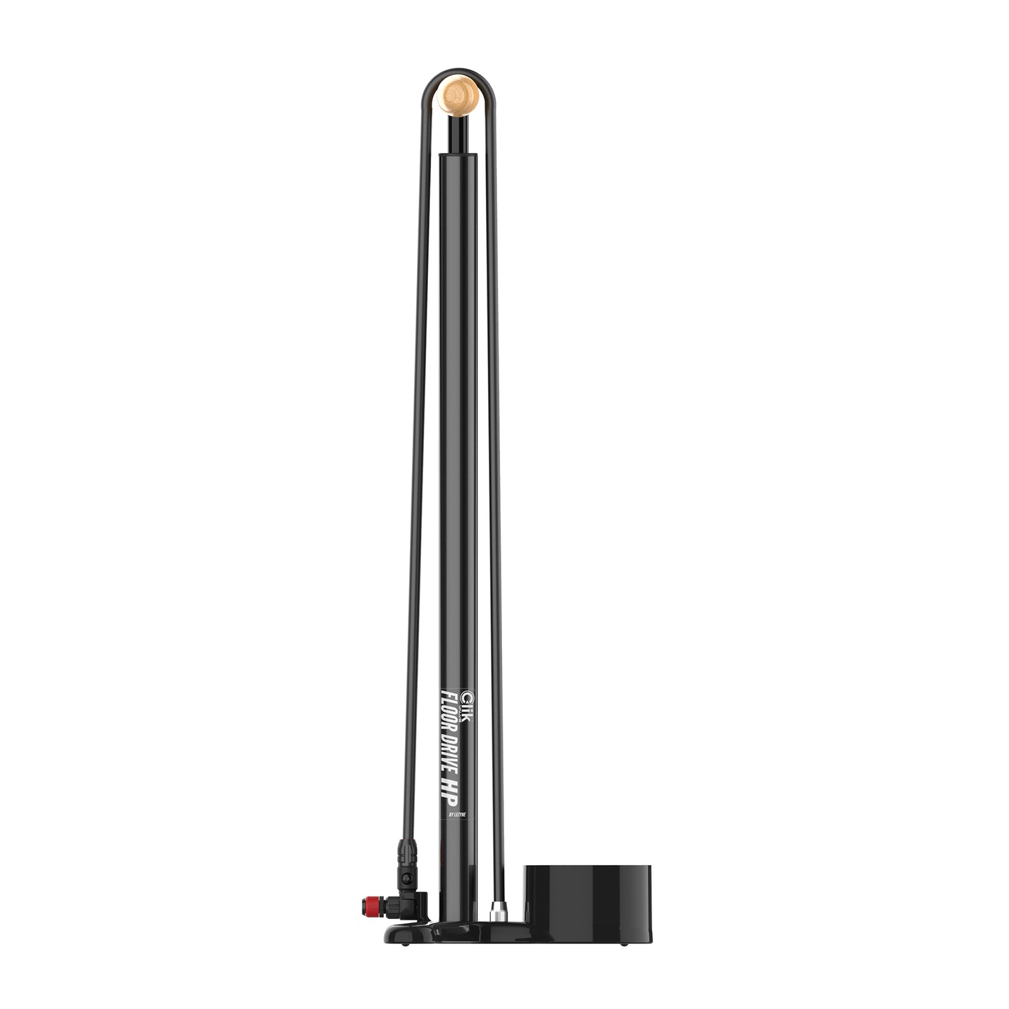 Svart golvpump med metallfärgad ram, liten röd knapp och röd fotutgång
