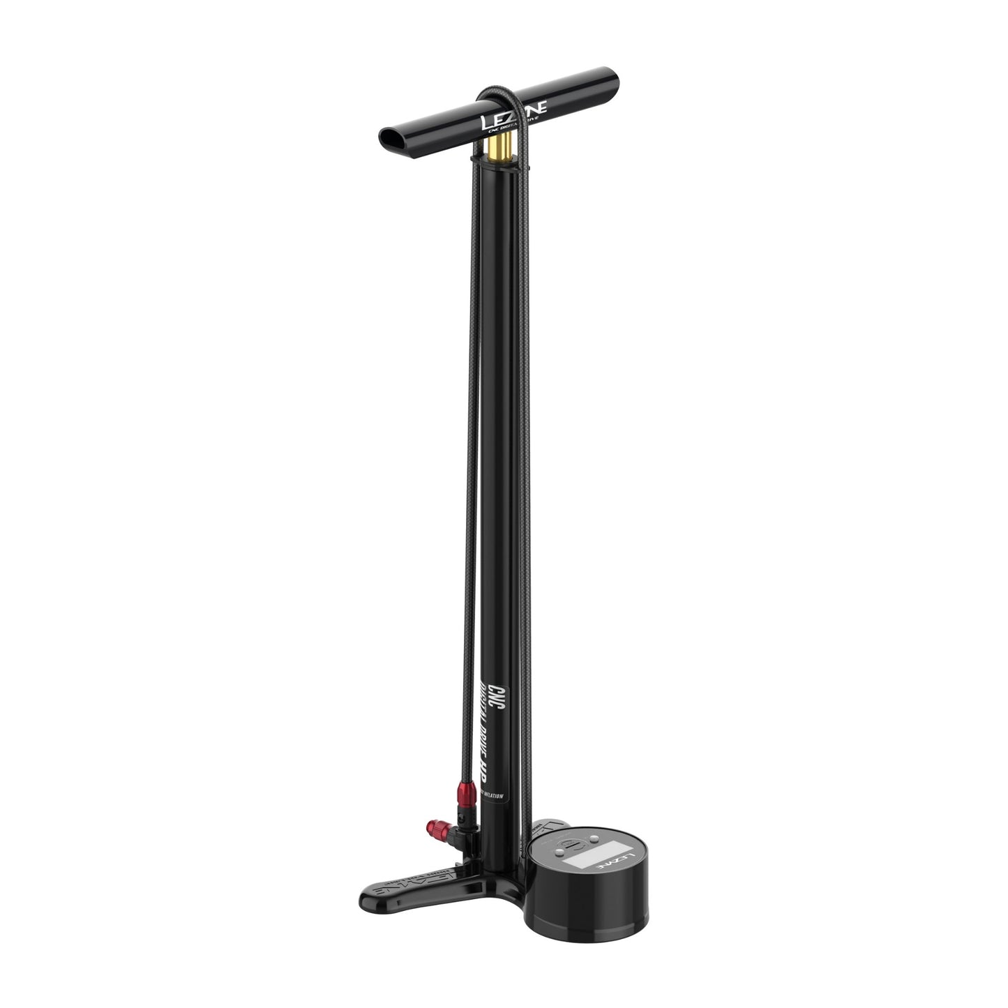 Lezyne CNC digital fotpump i svart med handtag och rund display på basen