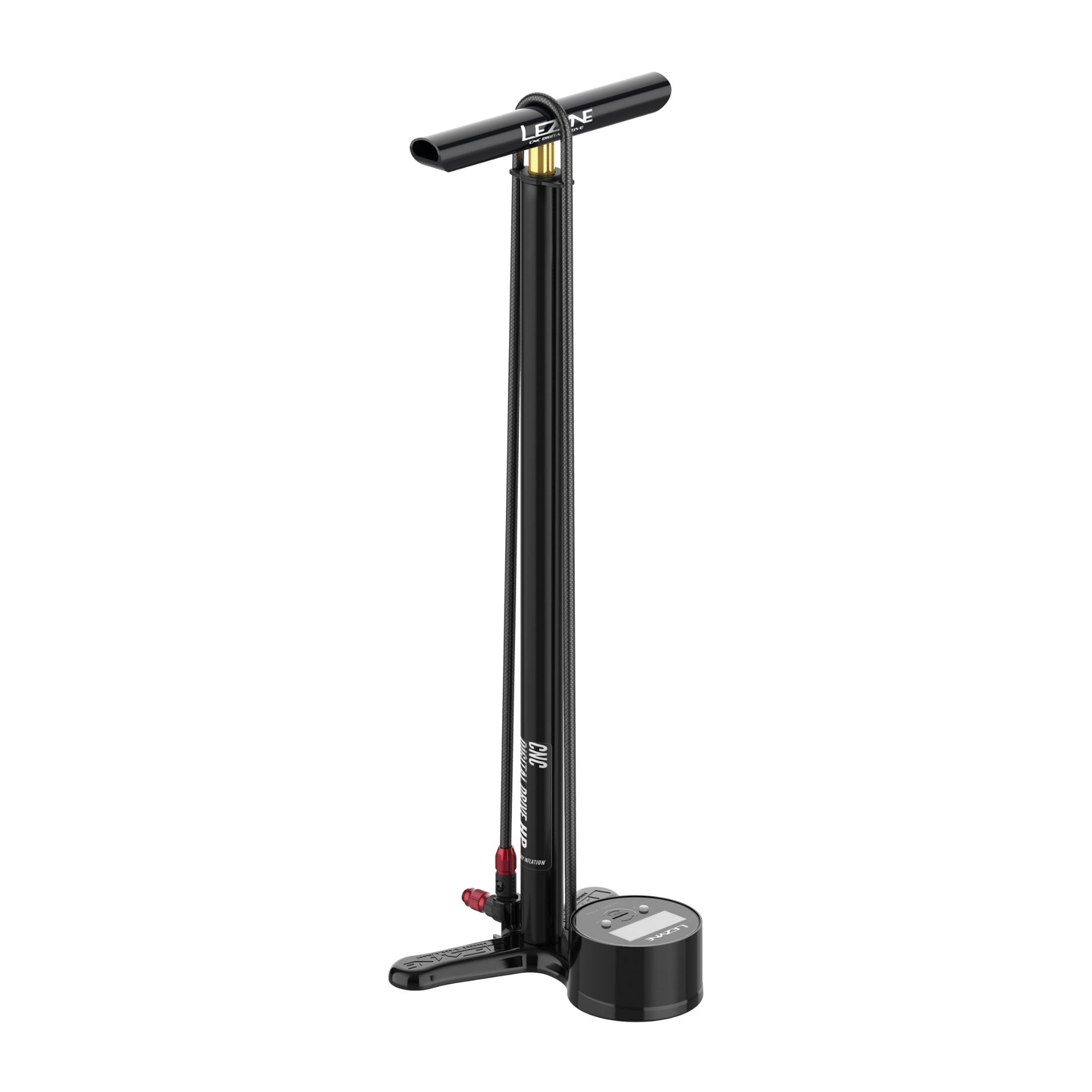 Lezyne CNC digital fotpump i svart med handtag och rund display på basen
