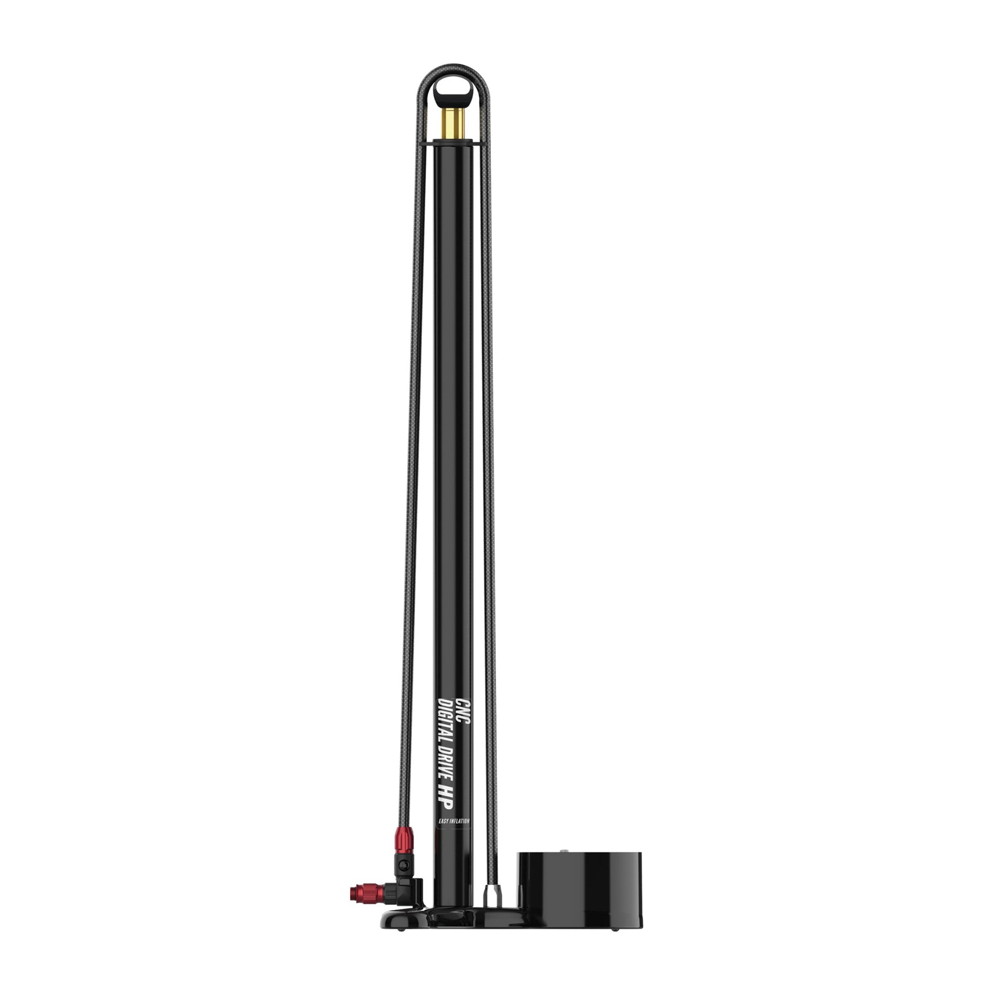 Lezyne CNC digital fotpump i svart med manometer och röd avlastningsknapp