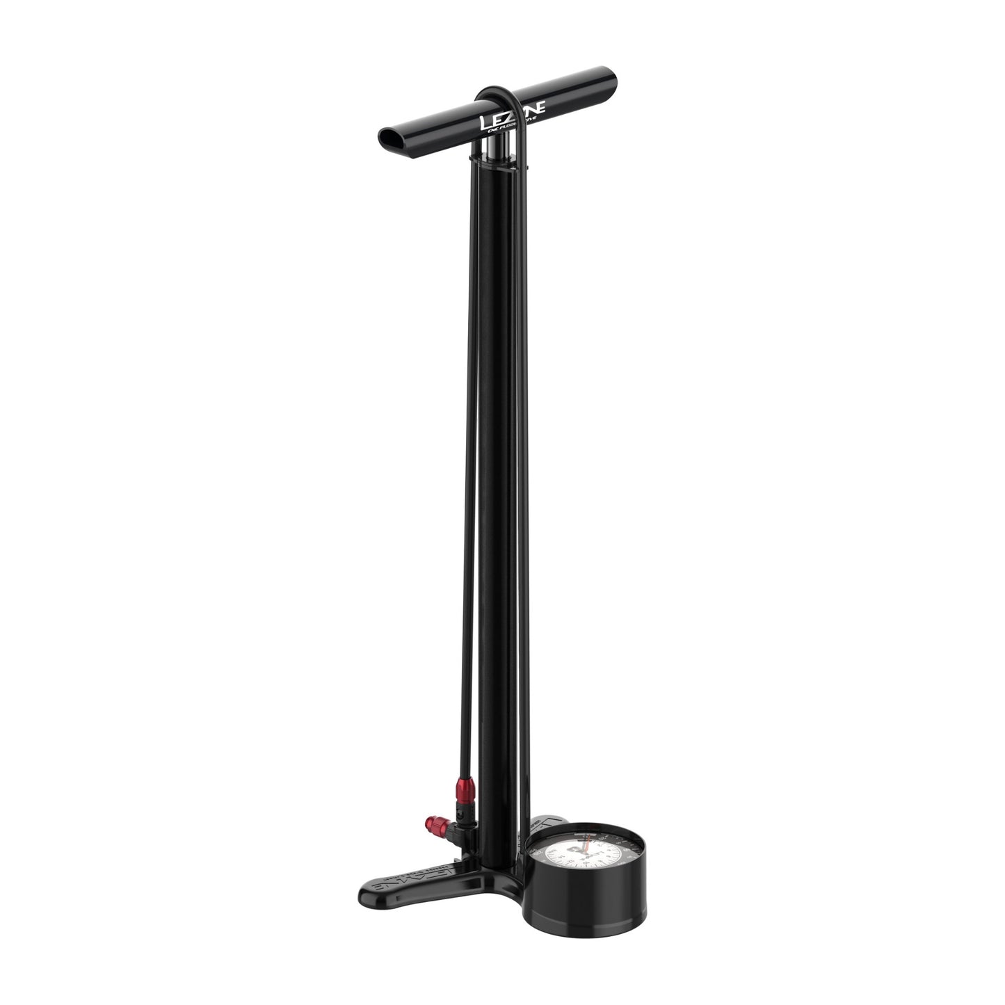 Lezyne golvpump svart med röd ventil, horisontell fot och manometer