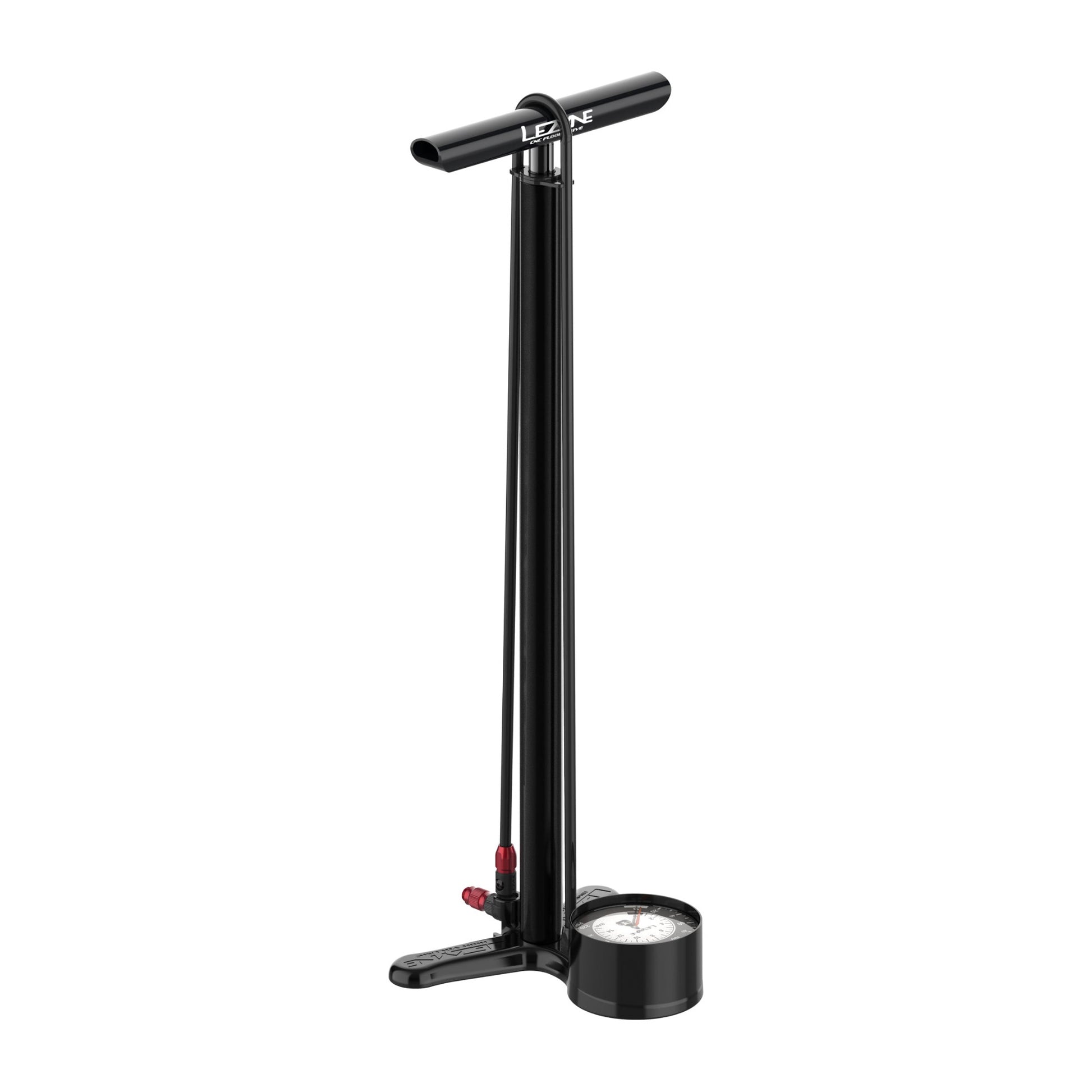 Lezyne golvpump svart med röd ventil, horisontell fot och manometer