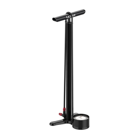 Lezyne golvpump svart med röd ventil, horisontell fot och manometer