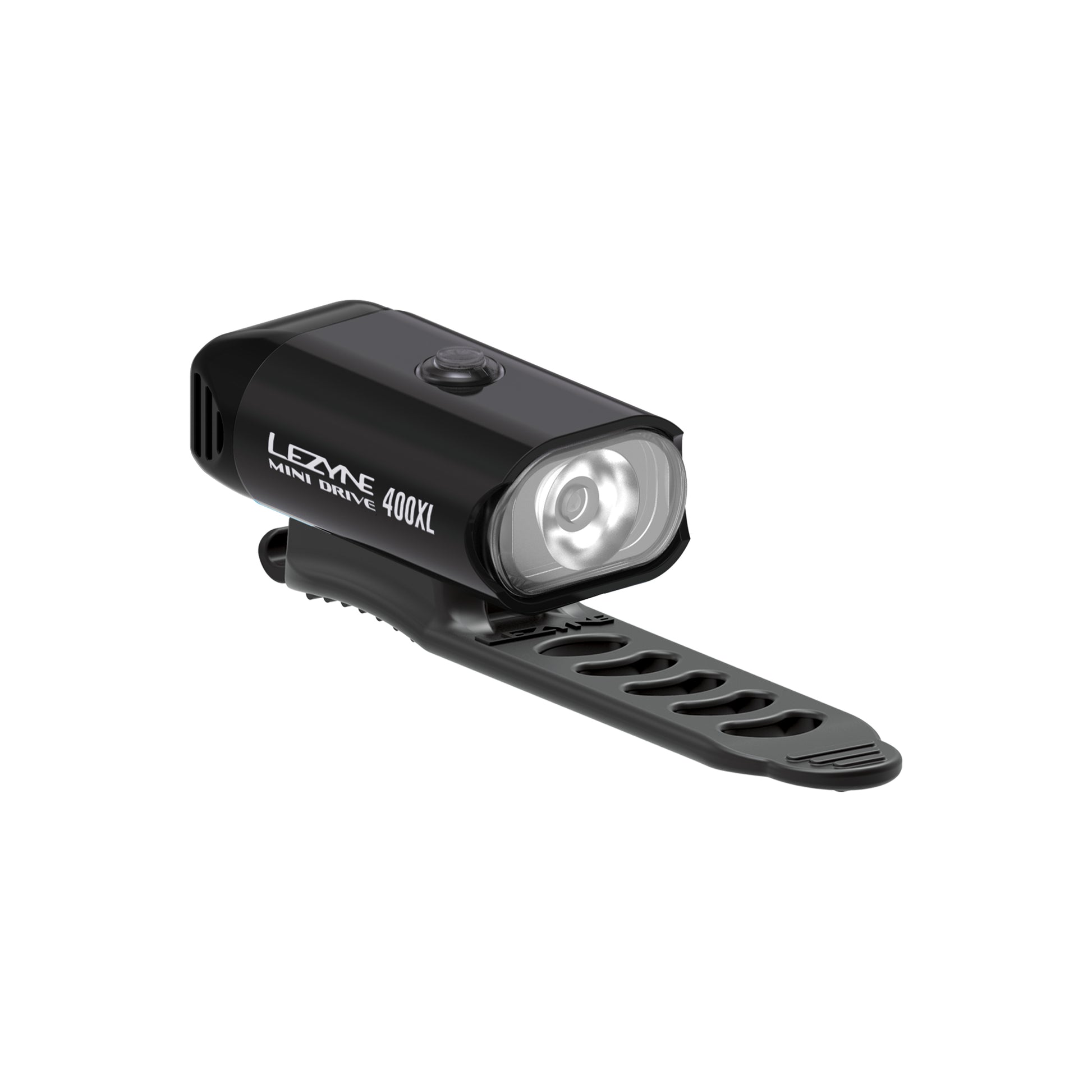 Lezyne Mini Drive 400XL framlampa, svart cykellykta med fäste och ventilationsslitsar