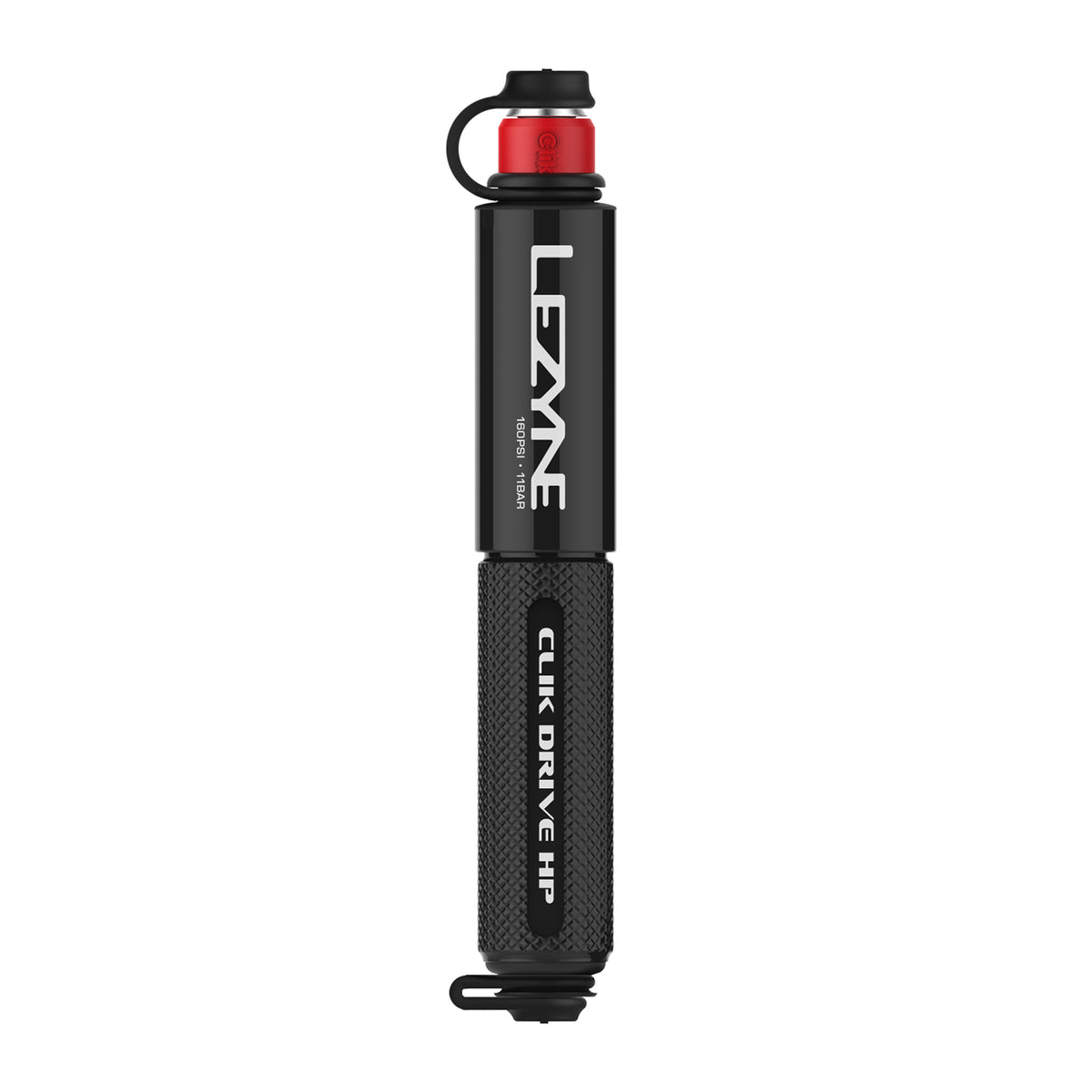 Lezyne handpump med röd ventilkåpa och svart cylinder, texturerat grepp