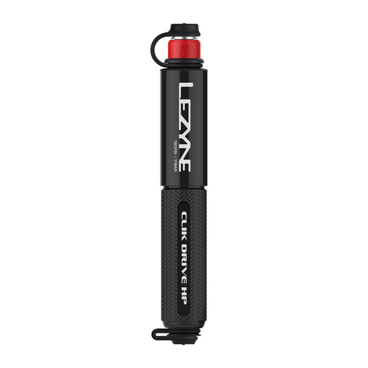 Lezyne handpump med röd ventilkåpa och svart cylinder, texturerat grepp