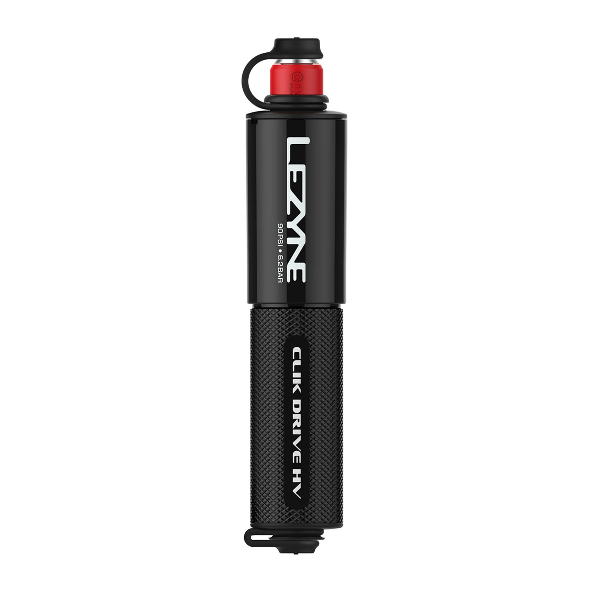 Lezyne handpump i svart, med röd topp och Click Drive HV-märkning på cylinder.