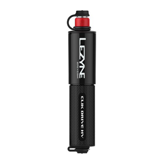 Lezyne handpump i svart, med röd topp och Click Drive HV-märkning på cylinder.