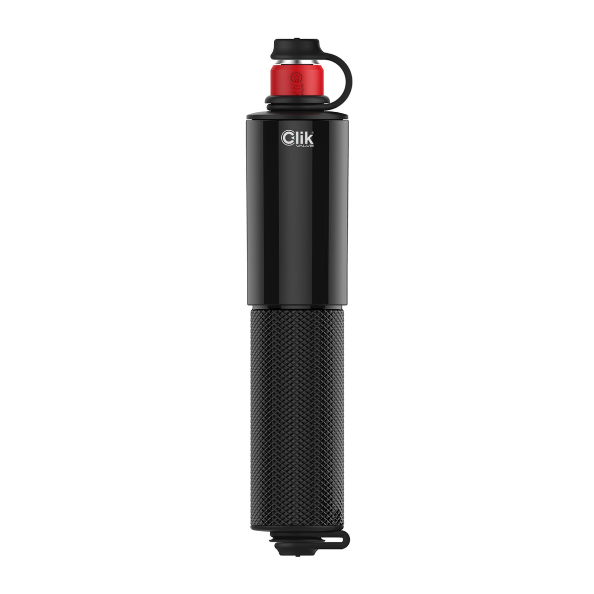 Lezyne handpump, svart cylinder med ögla upptill, röd topp och Click-märkning.