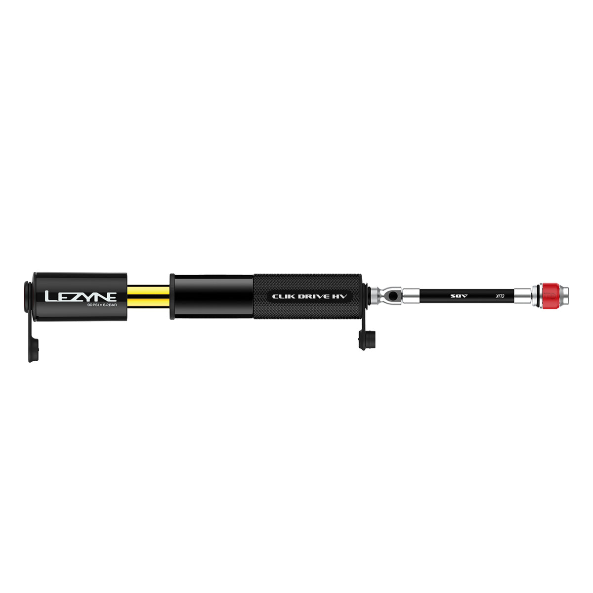 Lezyne handpump i sidovy, svart cylinder med gult mittparti och ventilsats i änden.