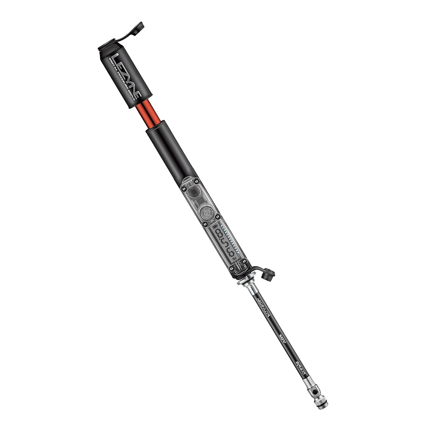 Cykelhandpump med digital manometer och munstycke, lång svart form med röd detalj
