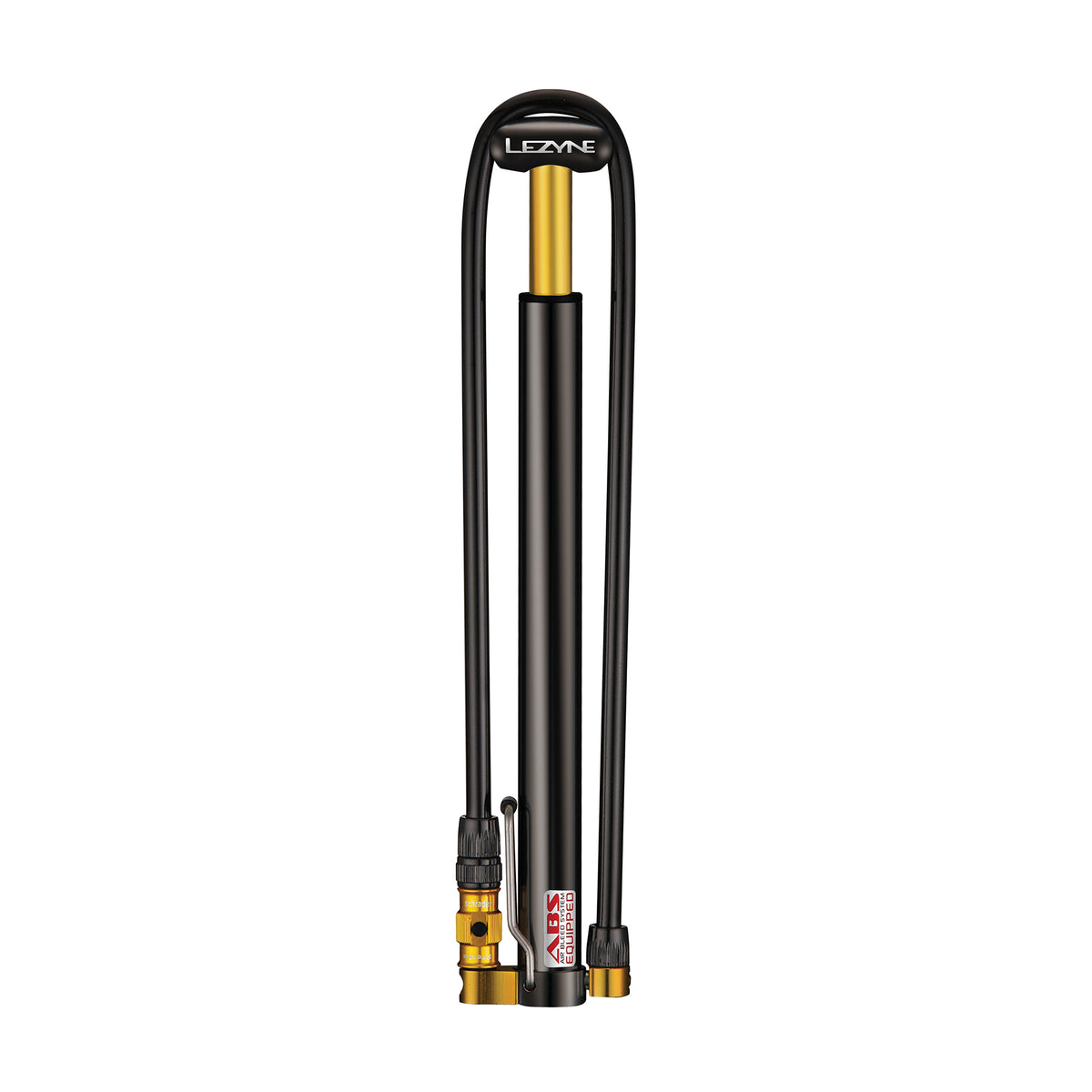 Lezyne mikrofotpump i svart med gul cylinder och manometer