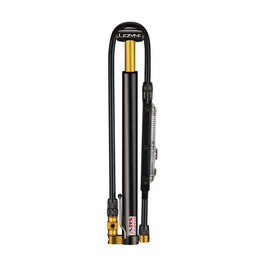 Lezyne fotpump med svart stativ, gul pumpcylinder och dubbla anslutningar