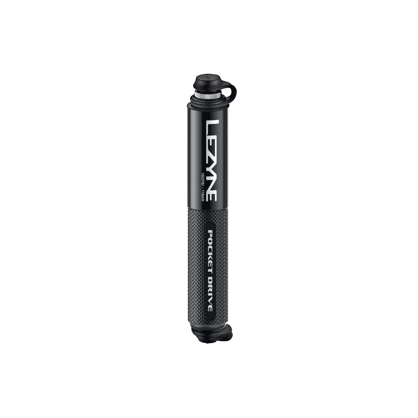 Lezyne handpump i svart med texturerat grepp och ventilanslutning, kompakt form.