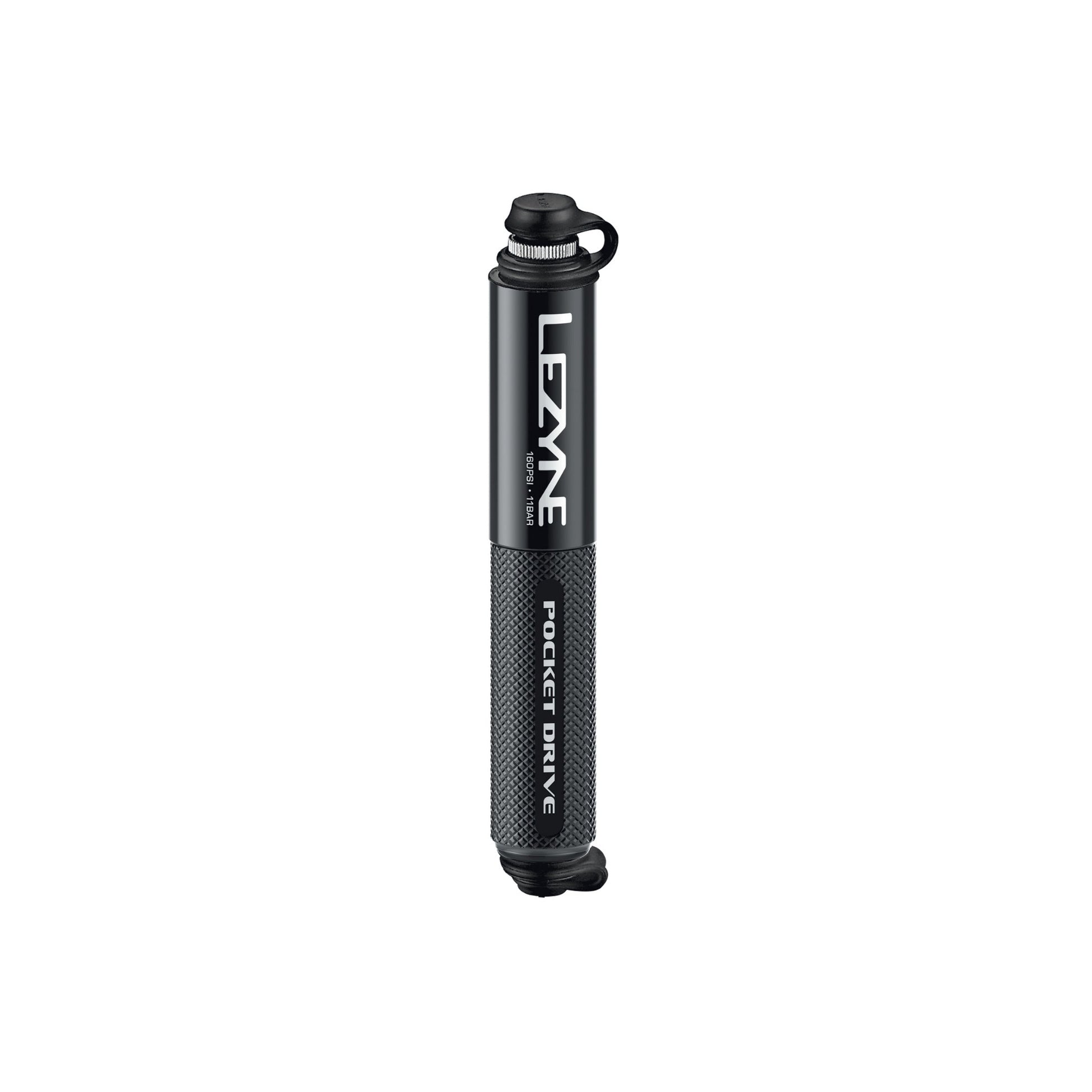 Lezyne handpump i svart med texturerat grepp och ventilanslutning, kompakt form.