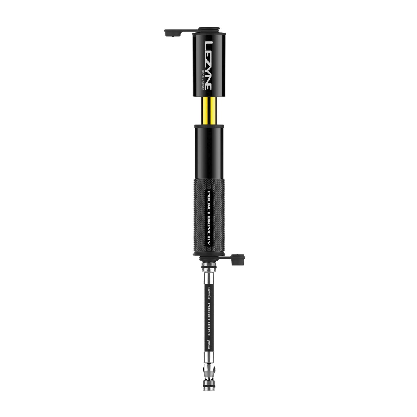Cykelpump med CO2-huvud och utdelad slang/arm, svart med gula markeringar.