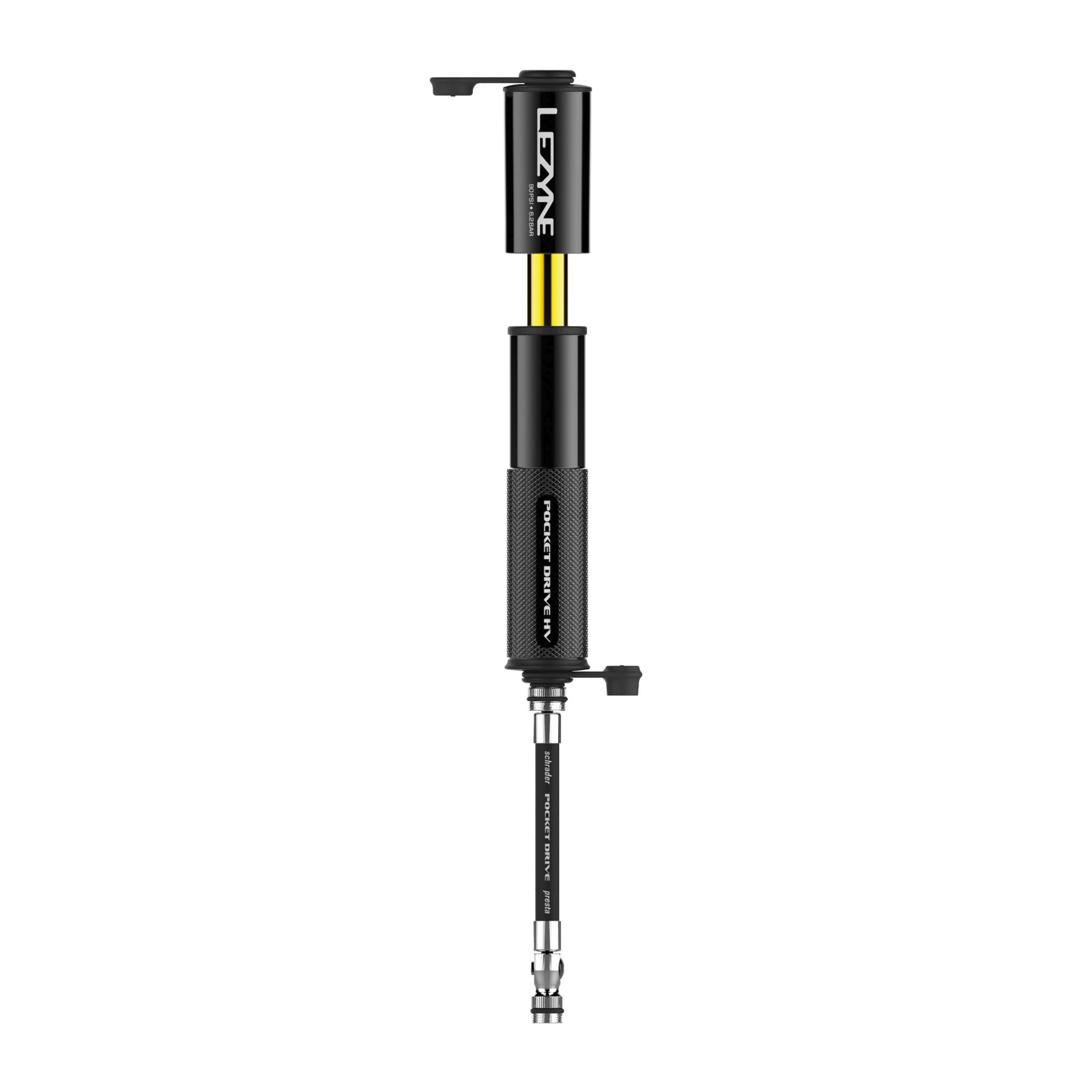 Cykelpump med CO2-huvud och utdelad slang/arm, svart med gula markeringar.
