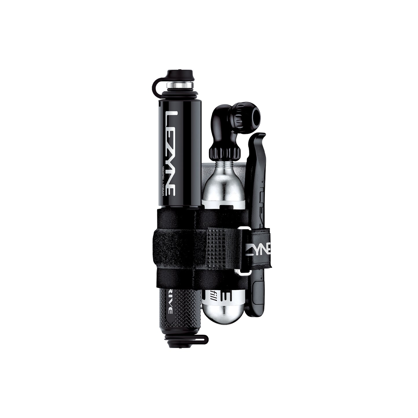 CO2-handpumpkit i svart med spak, cylinder och fästreim, översiktsvy.