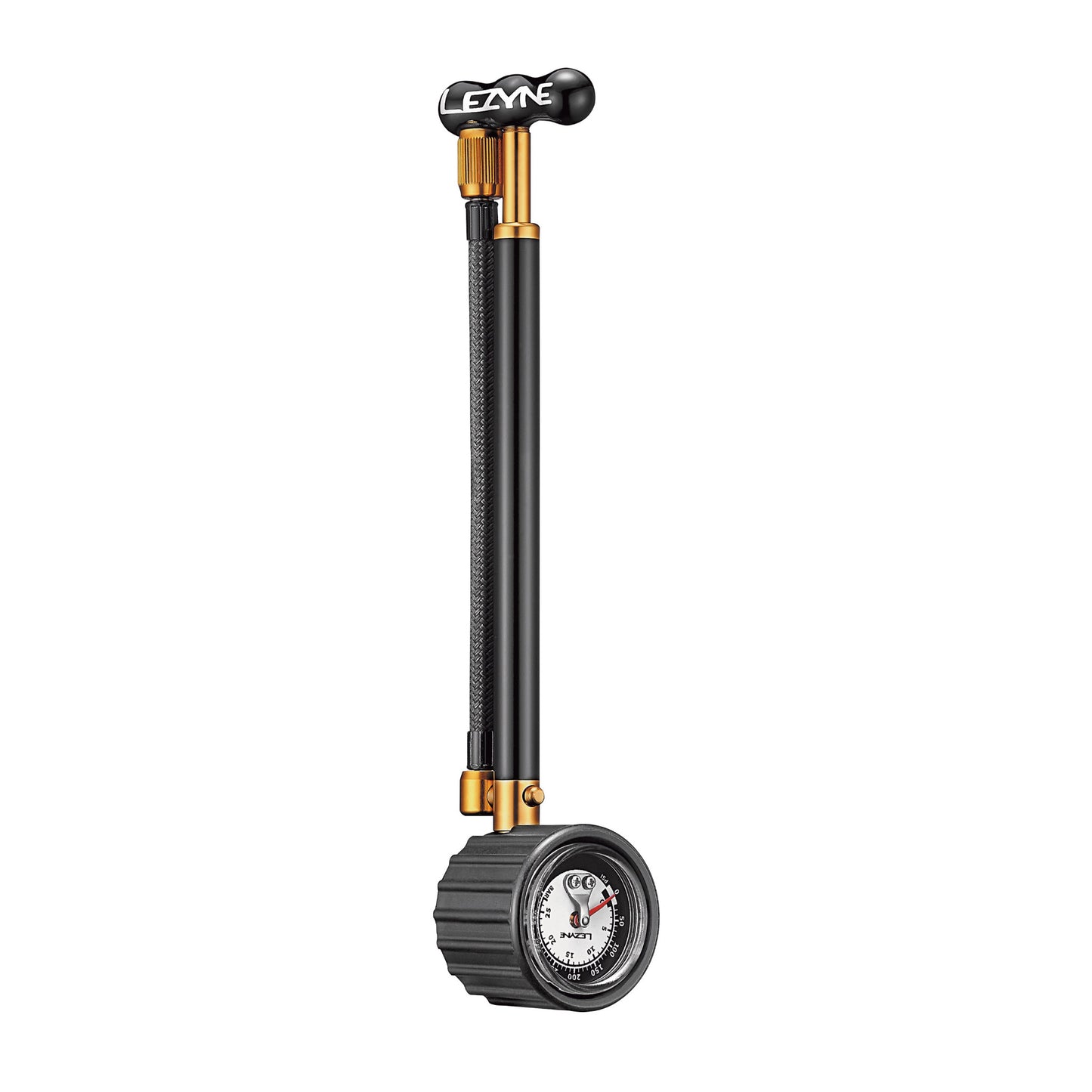Shock Drive-pump för gaffel/dämpare i svart med gul fäste och rund manometer