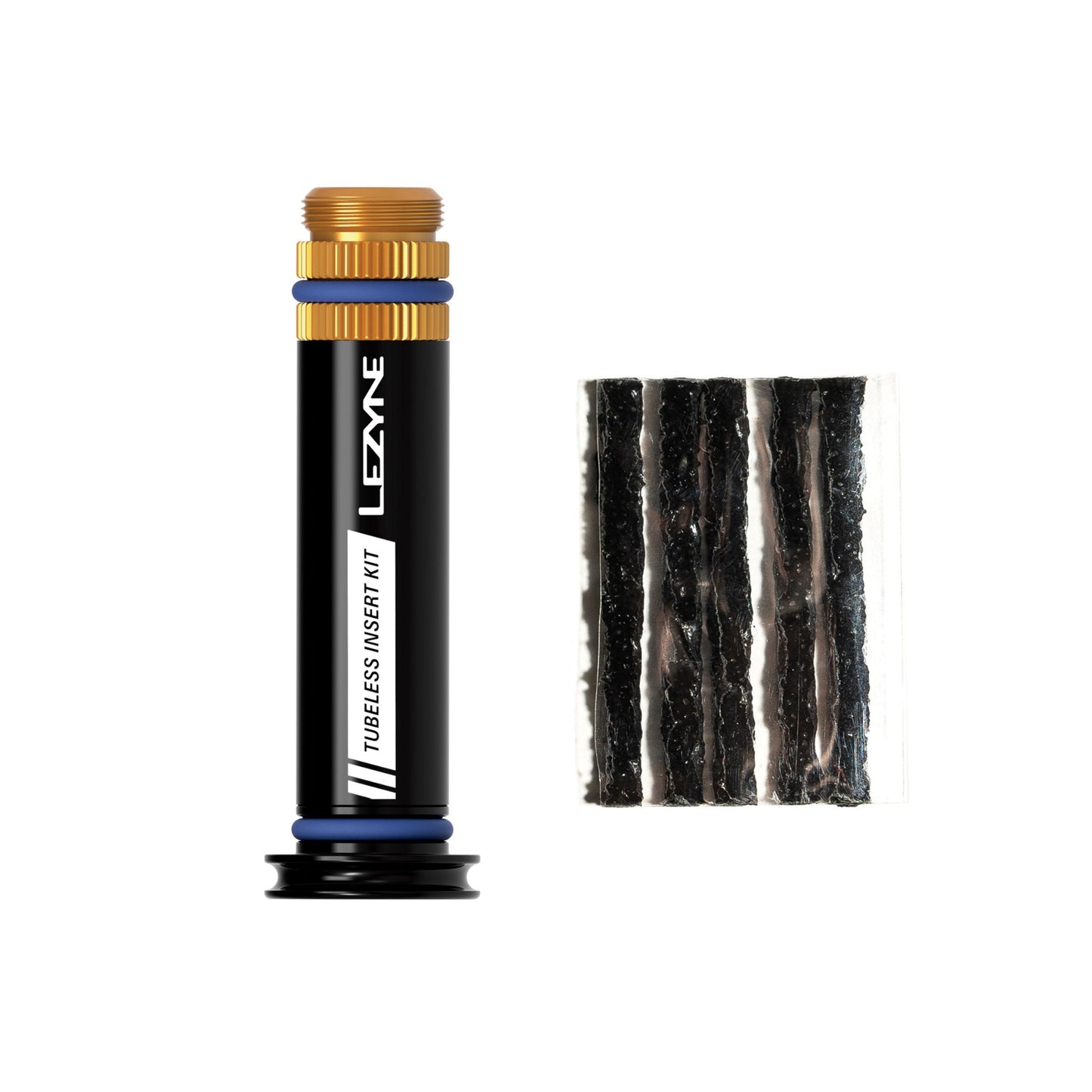 Tubeless insatskit från Lezyne: svart ventilinsats med blå ringar och insatsremsor