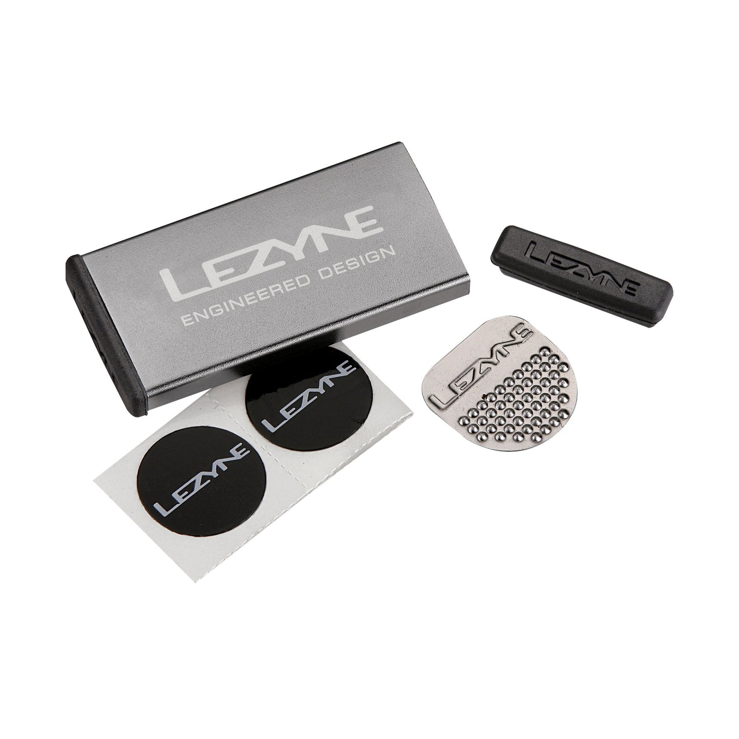 Lezyne metall lagningssats med metallfodral, däcklappar och monteringsverktyg
