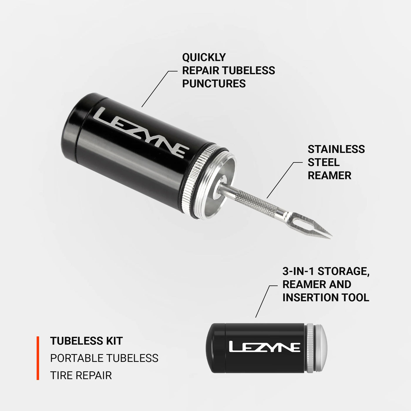 Tubeless reparationskit med svart cylinder, metallreamer och förvaringslock