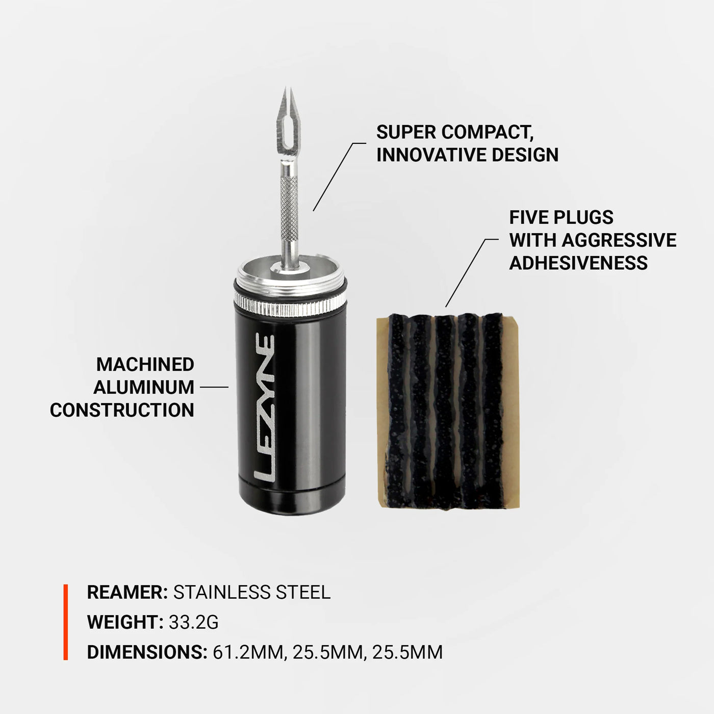 Tubeless reparationskit med metallreamer och flera svarta pluggar