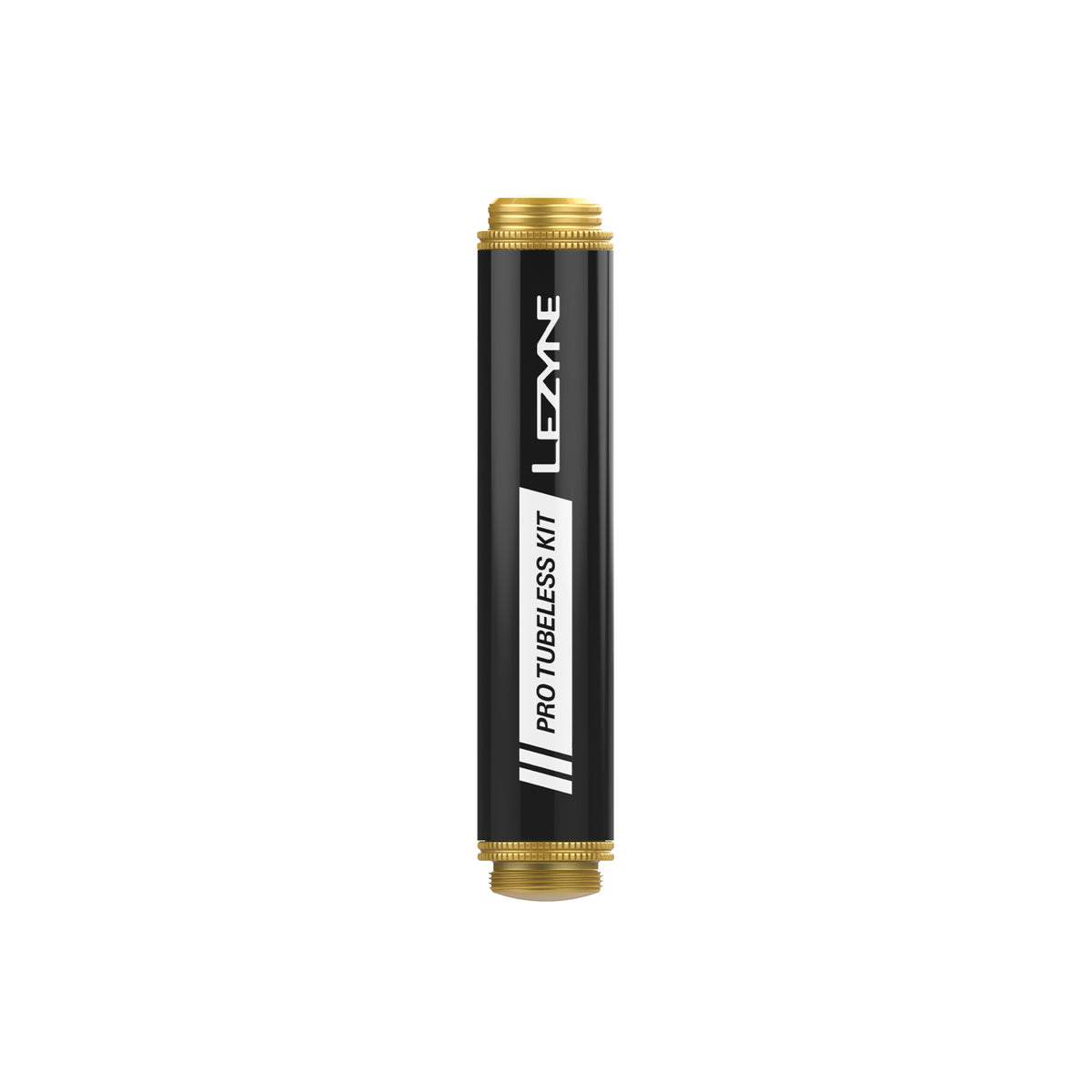 Lezyne tubeless-kit: svart cylinder sedd från sidan med guldfärgade ändar