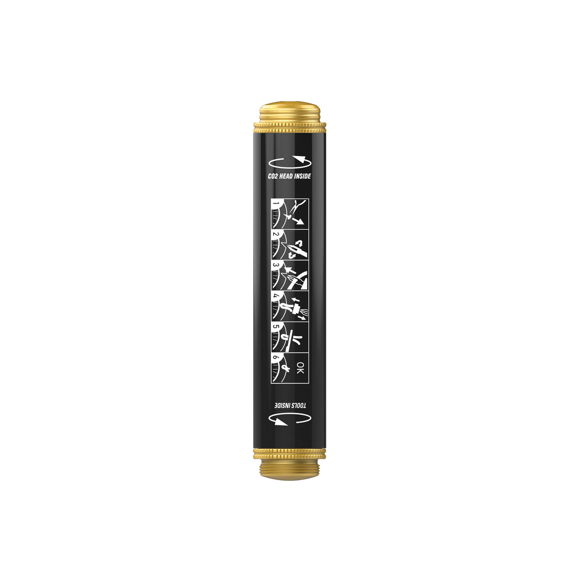 Lezyne tubeless-kit: svart cylinder med ikonillustrationer och guldfärgade lock