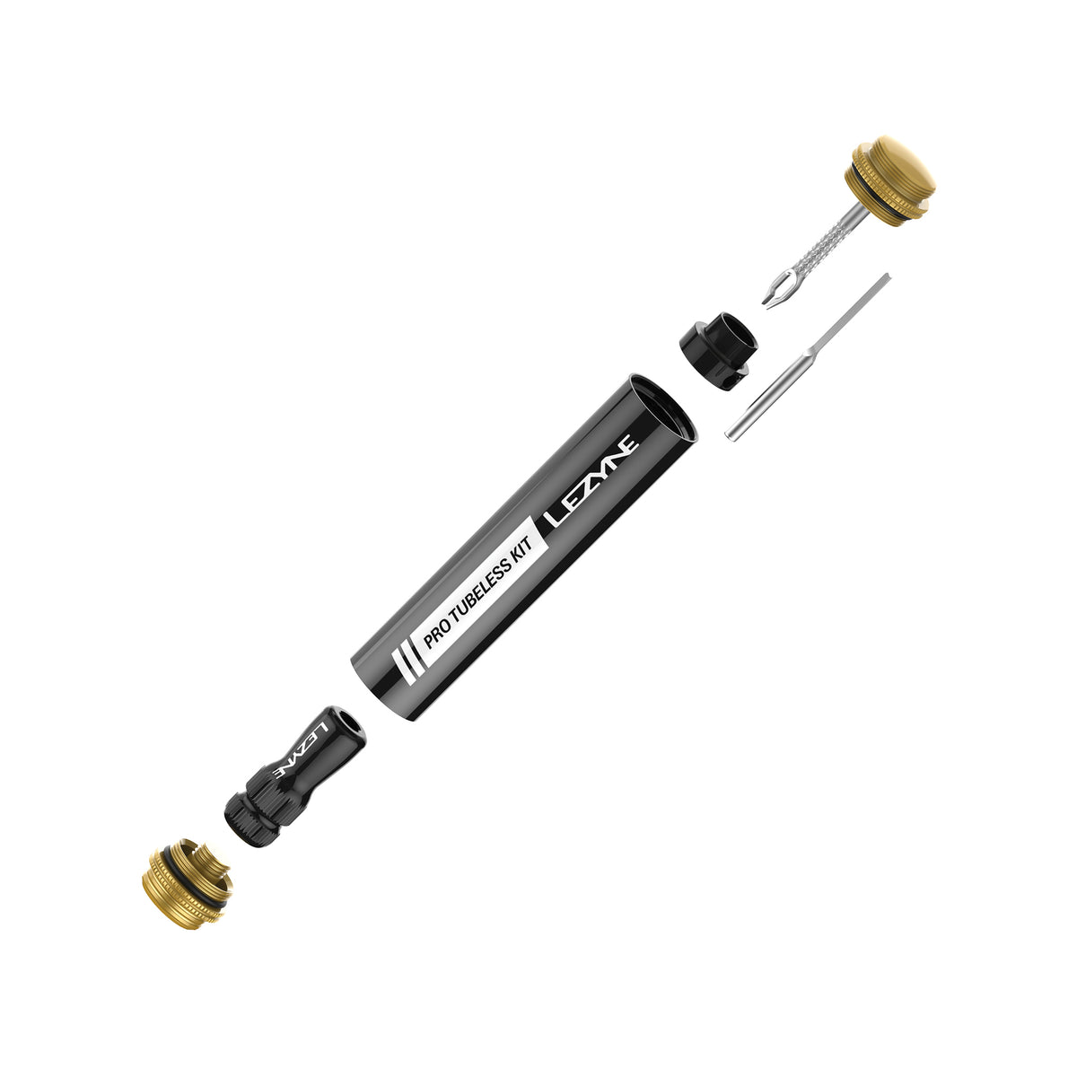 Lezyne tubeless-kit med verktyg: svart cylinder, metallstift och guldlock