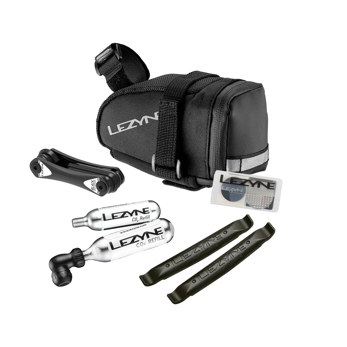 Lezyne M-Caddy CO2-kit i delar: sadelväska, CO2-patroner, verktyg och självhäftande lappar