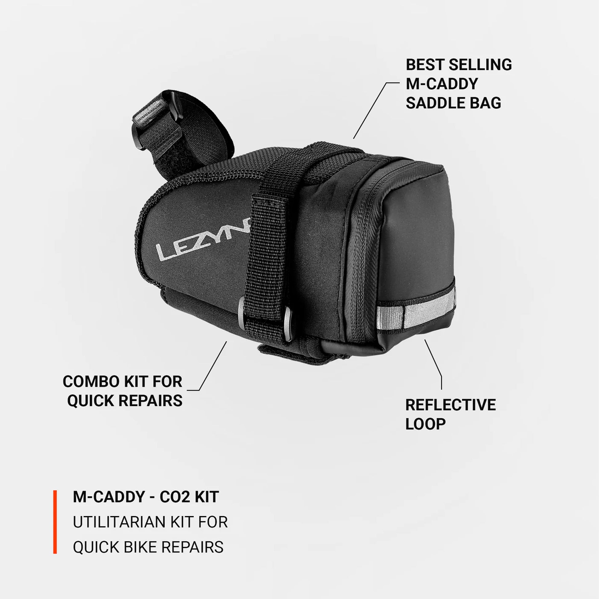 Lezyne M-Caddy CO2-kit med svart sadelväska och reflexslinga