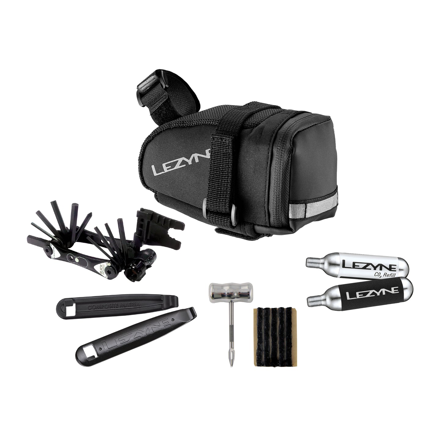 Lezyne tubeless reparationskit med kompakt cykelväska och monteringsverktyg