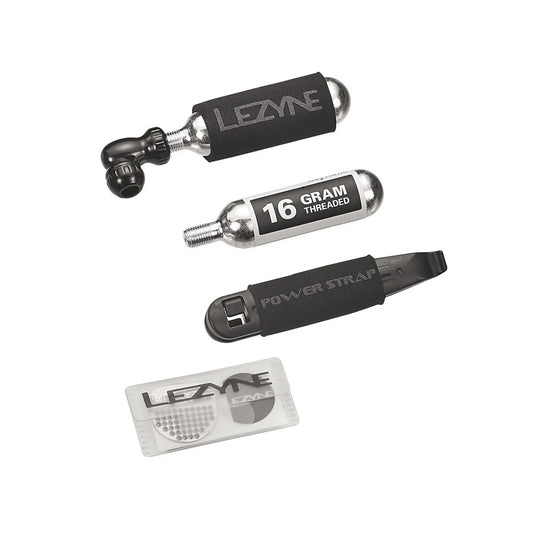 Lezyne reparationssats med CO2-pumphuvud, 16 g patron, rem och laglappar